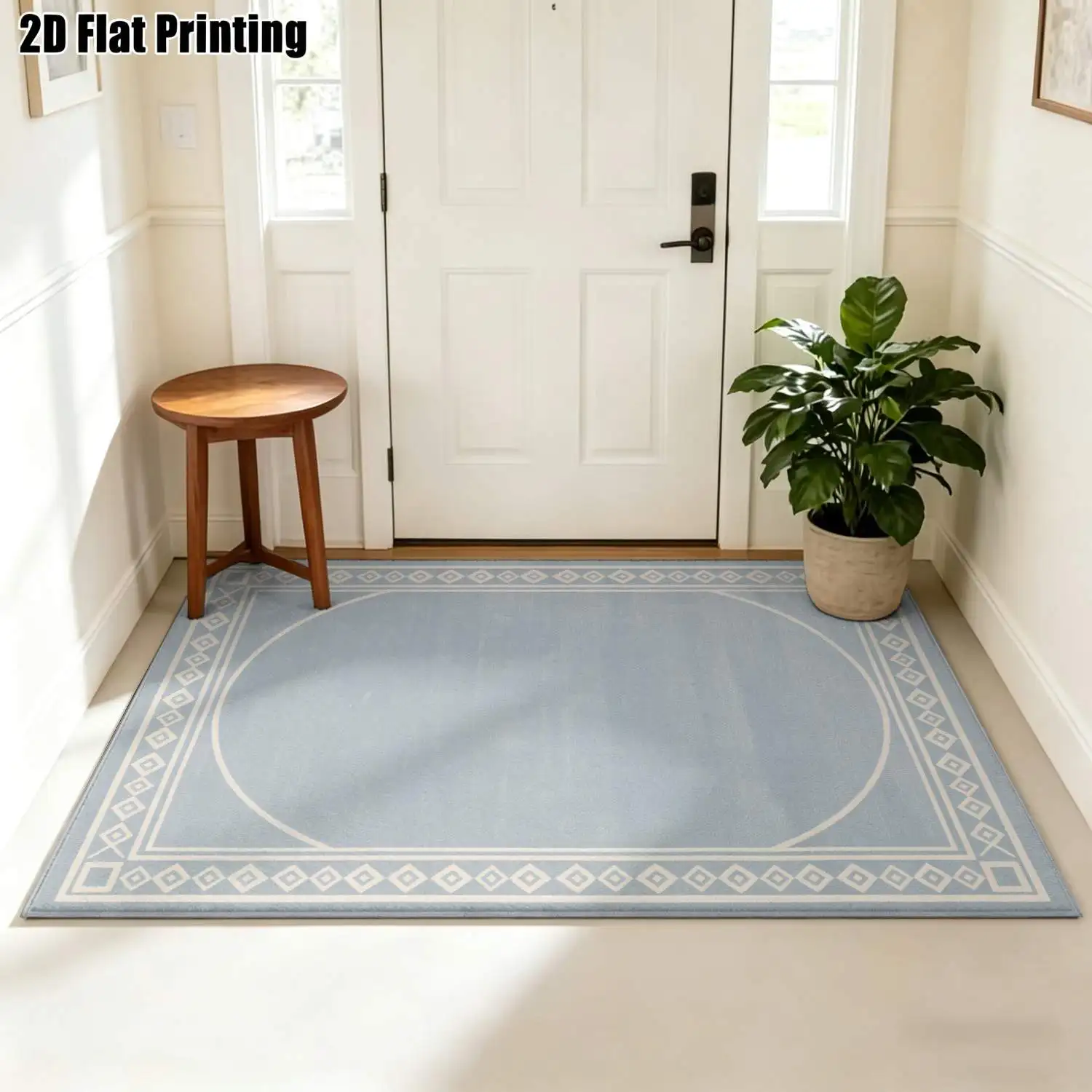 1Pc 2D Printed Nordic Modern Minimalist European Carpet, Blue-Grey Geometric Border, Home Decor, Multi-Size, Machine Washable, for Entrance, Living Room, Bedroom, Dining Room, Foyer