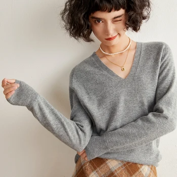 الخريف والشتاء جديد المرأة سترة الكشمير المعنقة 100% الكشمير الخالص الخامس الرقبة بلوفر مغزول بأكمام طويلة الساخن بيع المرأة