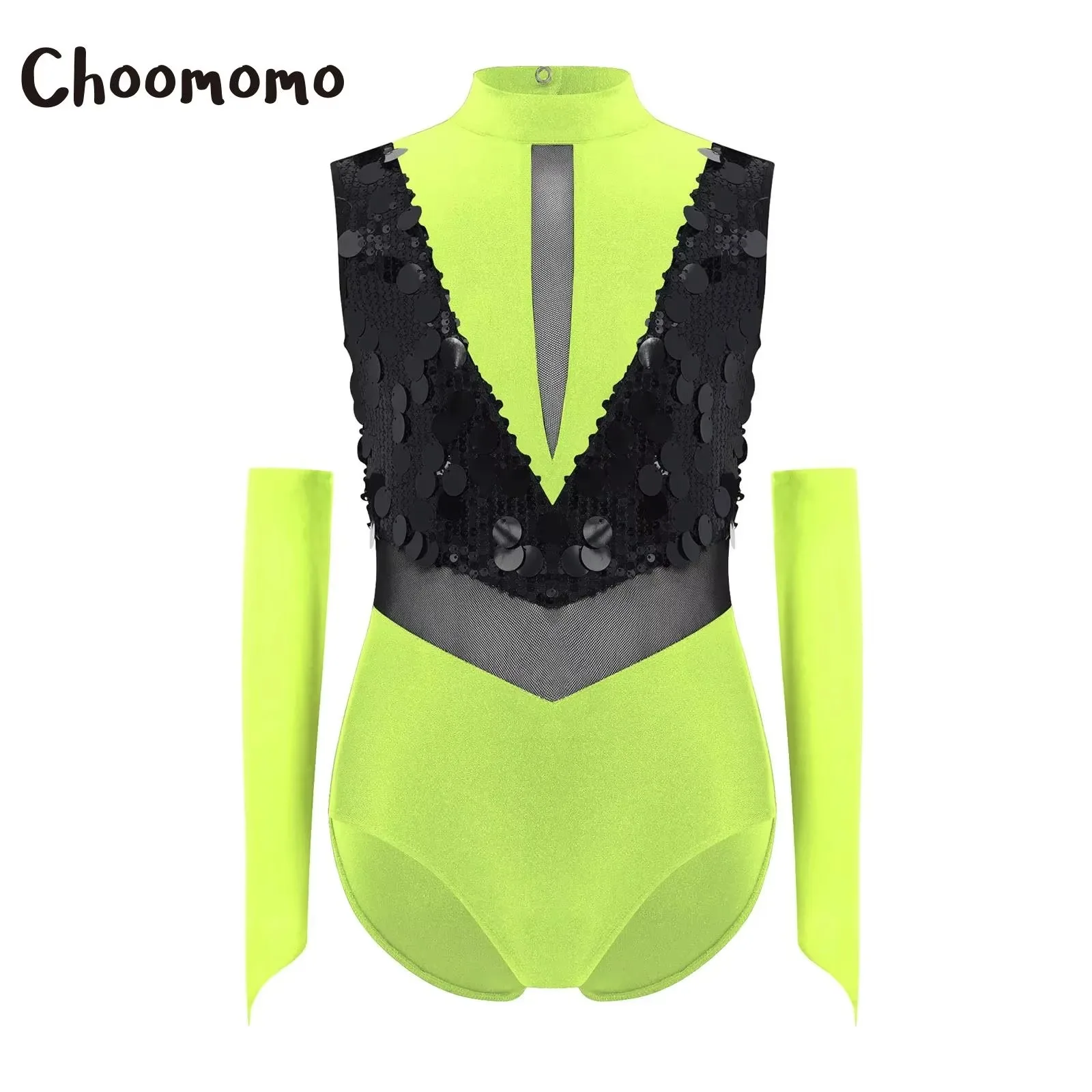 

Girls Sequin Latin Jazz Dance Leotard with Gloves Ballet Gymnastics Performance Outfit Sleeveless Color Block Tango Bodysuits