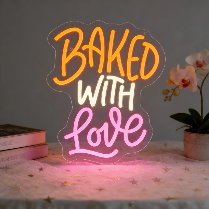 

Неоновая вывеска LED «Выпечено с любовью» с регулируемой яркостью, питанием от USB, оранжево-розовая, для пекарни, кухни, свадебного подарка, декора стен дома и кафе