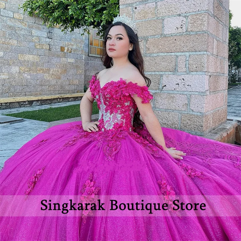 Fuchsia Off The Shoulder Appliques Ball Gown Quinceanera Dress 2024 Flowers Crystals Pearls Vestidos De 15 Años Customized