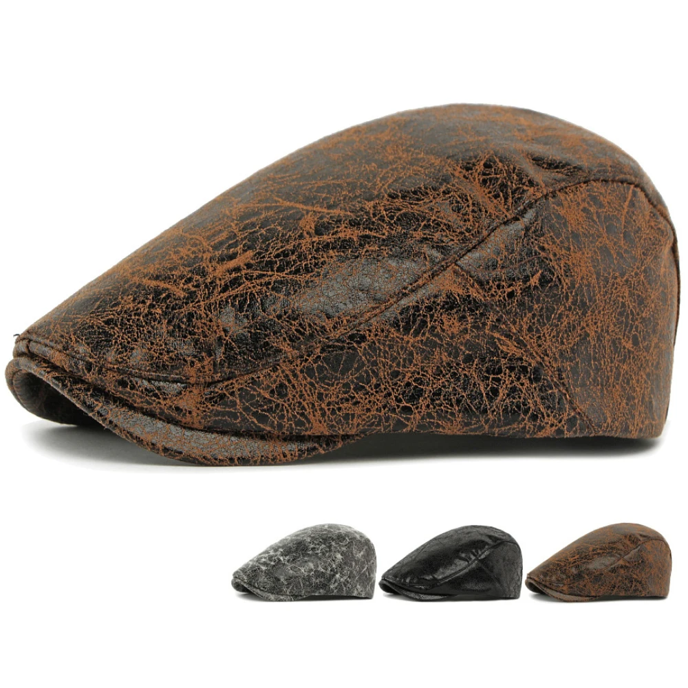 

HT4935 Mens Beret Women Soft PU Leather Cap Male Female Ivy Flat Cap Vintage Artist Autumn Winter Beret Hat Adjustable Beret Cap