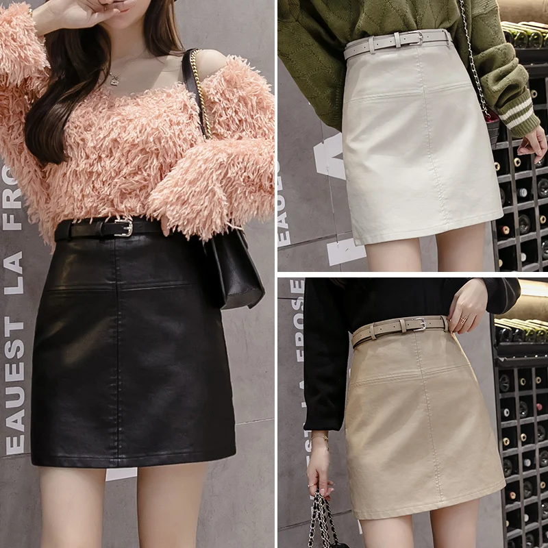 

High Waist A-Line Skirt eep Leather Real Leather f Body Skirt Slimming Belt Autumn Winter Faion Women's Skirt