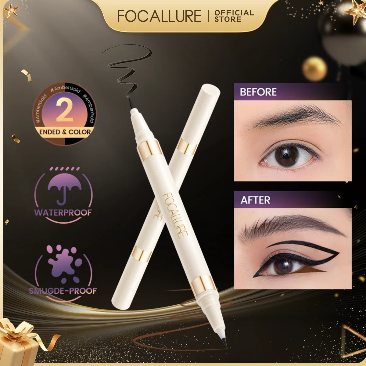 

FOCALLURE Double-ended Liquid Eyeliner Waterproof Fine Tip Quick Dry Sumdge-Proof Long-lasting Black Eye Liner Makeup Tools Pen