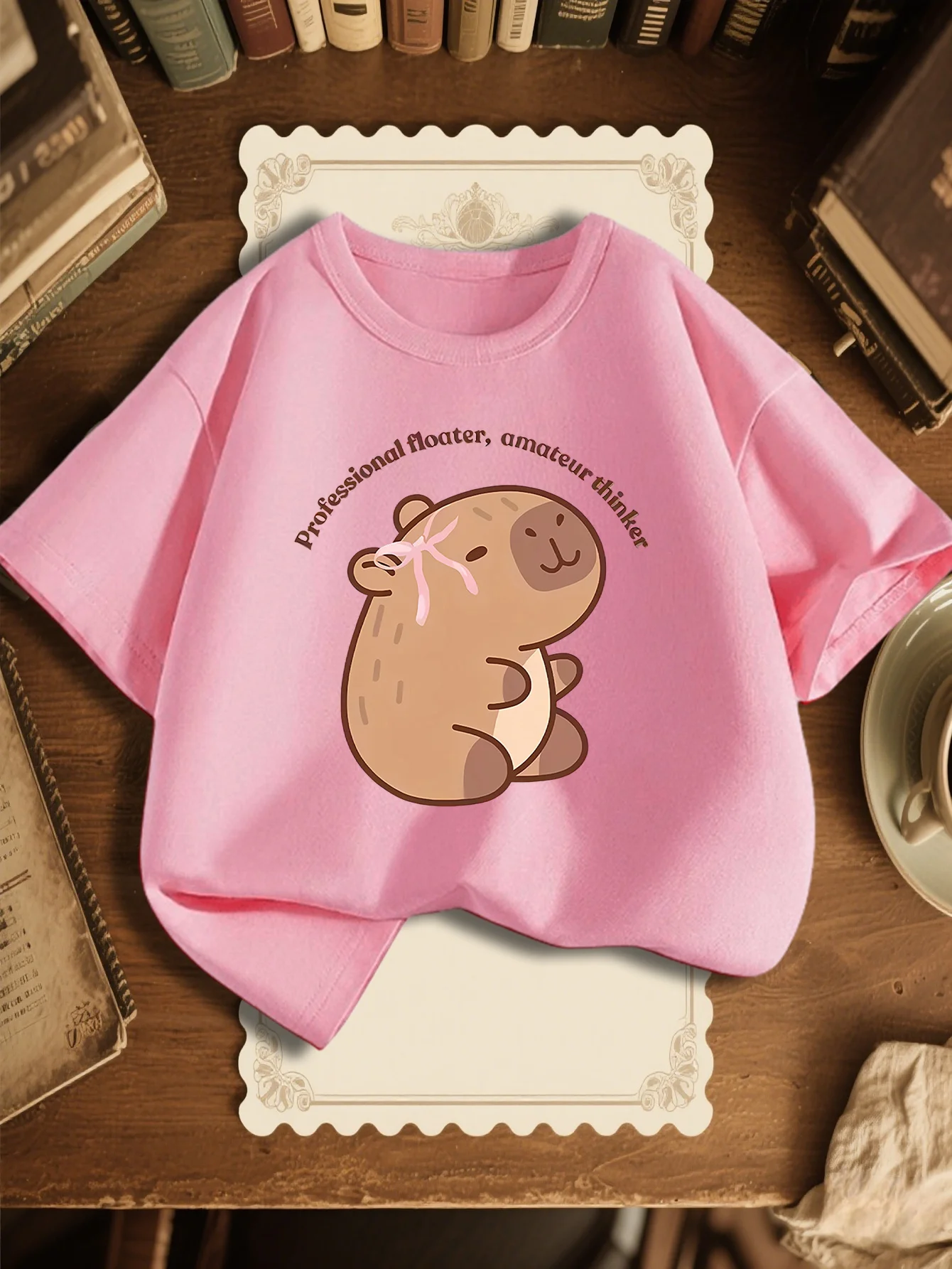 Parent Child T Shirt Lovely Ribbon Capybara Curved Text Graphic Boys Girls Breathable Short Sleeve Relax Kids Daily Wear Tee
