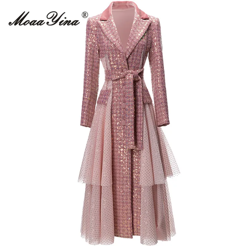 

MoaaYina Winter Fashion Runway Elegant Party Blends Coat Women's Lapel Sequins Frenulum Mesh Ruffles Slit Slim Long Blends Coat