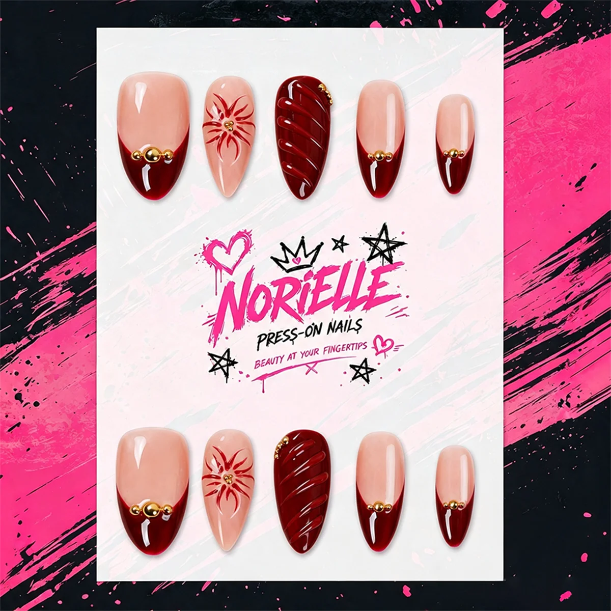 Pressed Flower Art - 10pcs/Set Y2K Handmade Nails, Burgundy French
