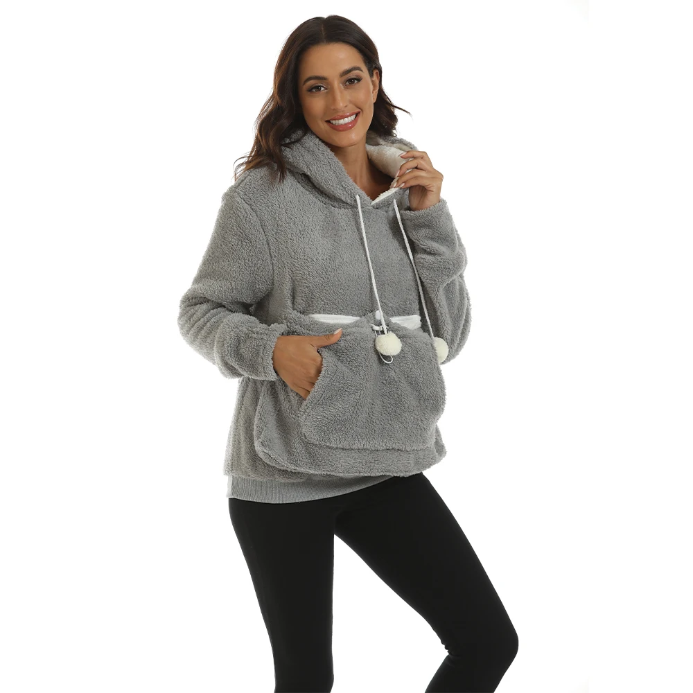 Sweat-shirt à capuche pour femmes, mignon, pour animaux de compagnie, livraison directe, avec oreille, dessin animé, grande pochette, manches longues, ample, pull en peluche, automne 2024