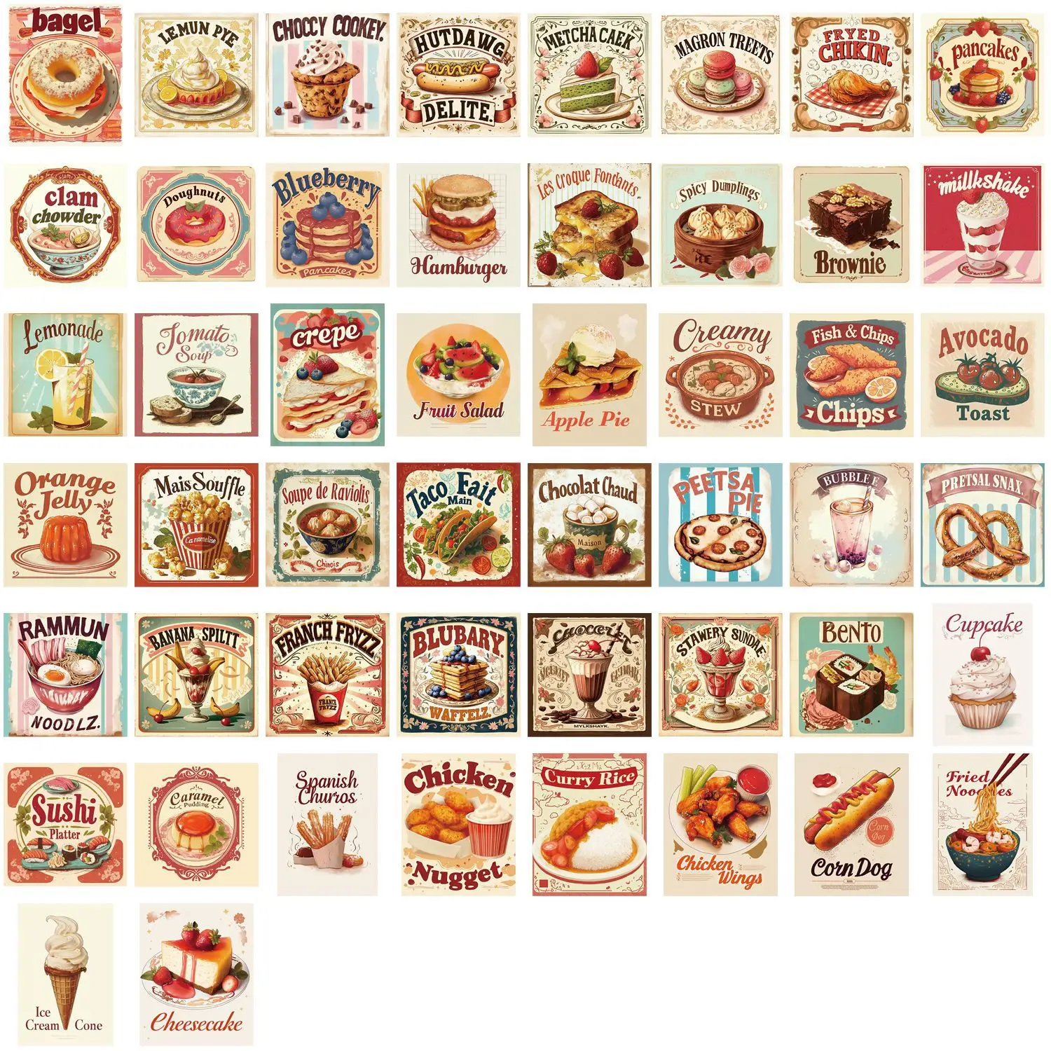

50PCS Cartoon Retro Food Paint Sticker Waterproof Graffiti Personalized Fun Decoration Notebook Refrigerator Wardrobe Water Cup