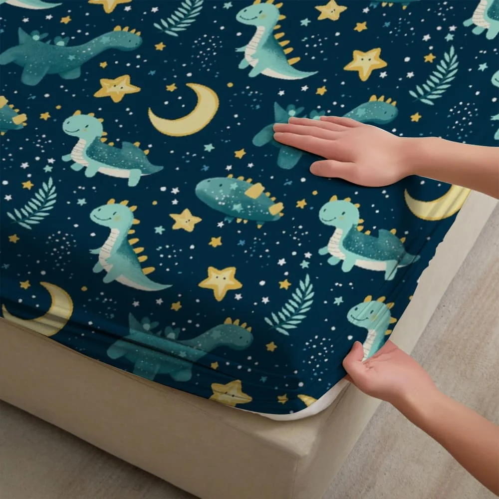 1pc Cute Dinosaur Starry Sky Print Fitted Sheet Deep Pocket Elastic Mattress Cover Single Double Queen King Bedroom Decor