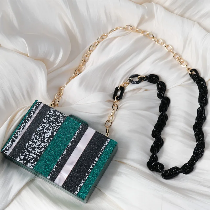 

New Trendy Bags Fashion Women Handbags Black Green Sequin Striped Acrylic Luxury Party Evening Bag Woman Casual Box Clutch Purse