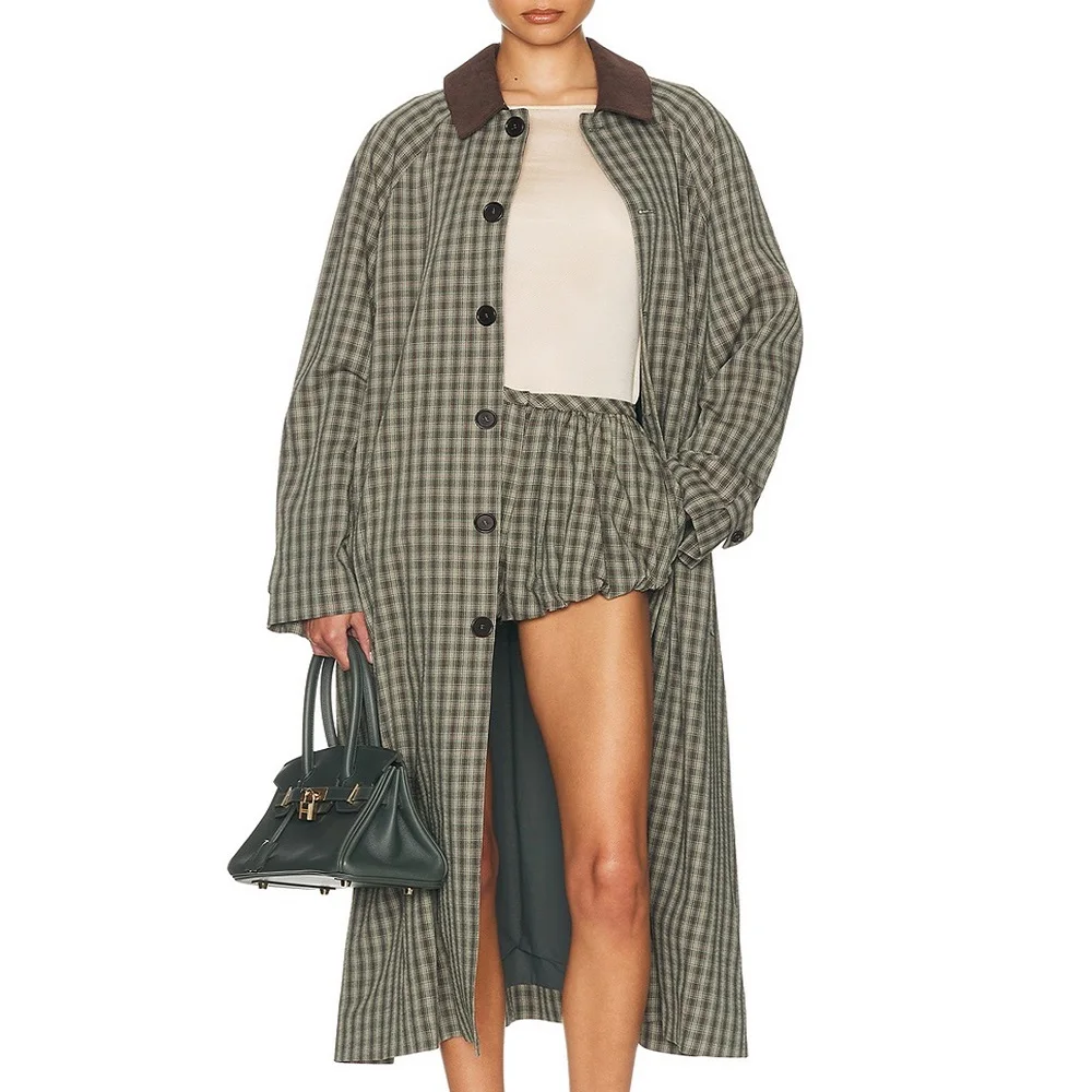 Women's Long Plaid Coat – Winter 2026 – Single-Breasted, Lapel Collar, Loose Fit – Casual Y2K Style – Versatile Outerwear bra