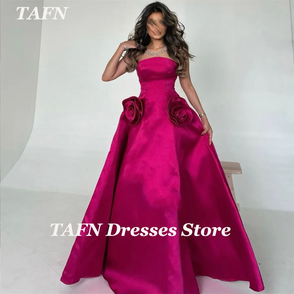 

TAFN Hot Pink Formal Evening Dresses Strapless Handmade Flowers A-line Floor-Length Satin Prom Party Gown Custom Made