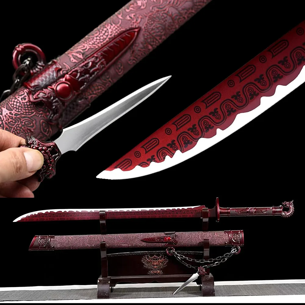 Espada ancha de KungFu chino, hoja de acero rico en carbono, cuchillo de batalla fuerte de la dinastía Tang WuShu, mango de Metal, sable de dragón rojo Dao