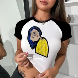 Desenhos animados kawaii feminino Coraline Top Recortado Estampado, Manga Curta, Camiseta Skinny, Camiseta de bebê gráfica, Harajuku, Rua, Sexy, Y2K, Verão