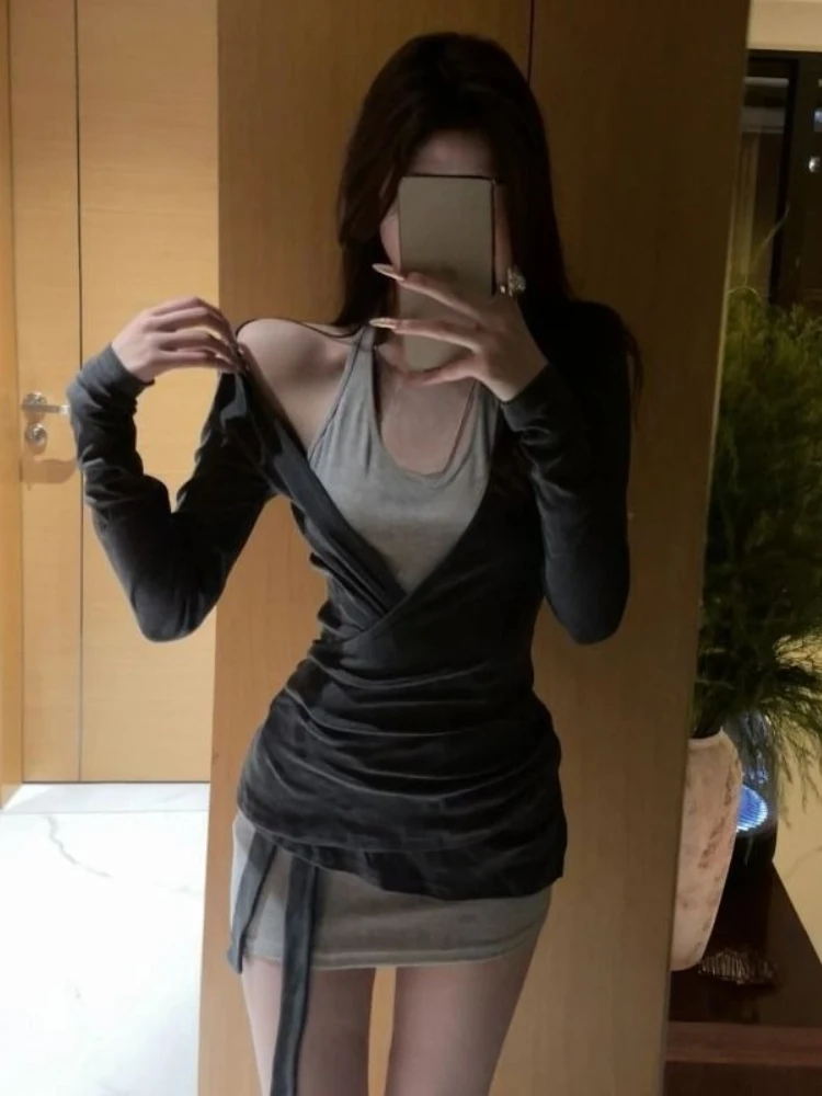 

2025 Sexy Bodycon 2 Piece Dress Sets Long Sleeve Outwear Tops + French Evening Party Mini Dress Y2k Pure Color Vintage Suits