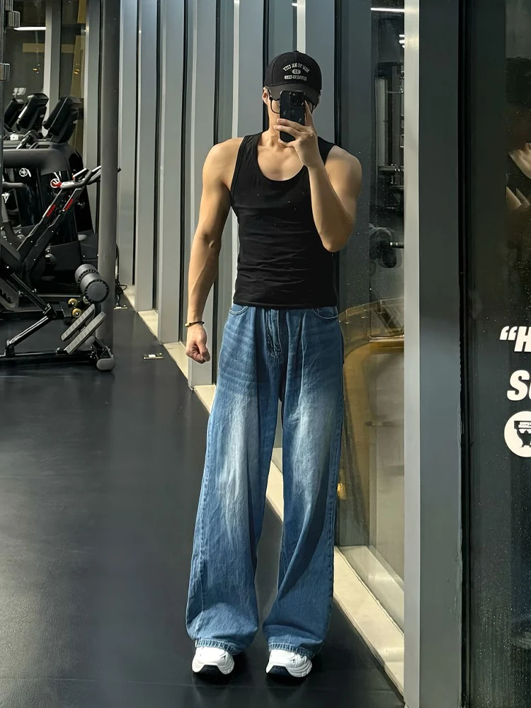 

Blue American Sle Bell Bot Jeans Men Summer Thin Loose Straight Leg Pants Worn Resistant High Waist Long Trousers