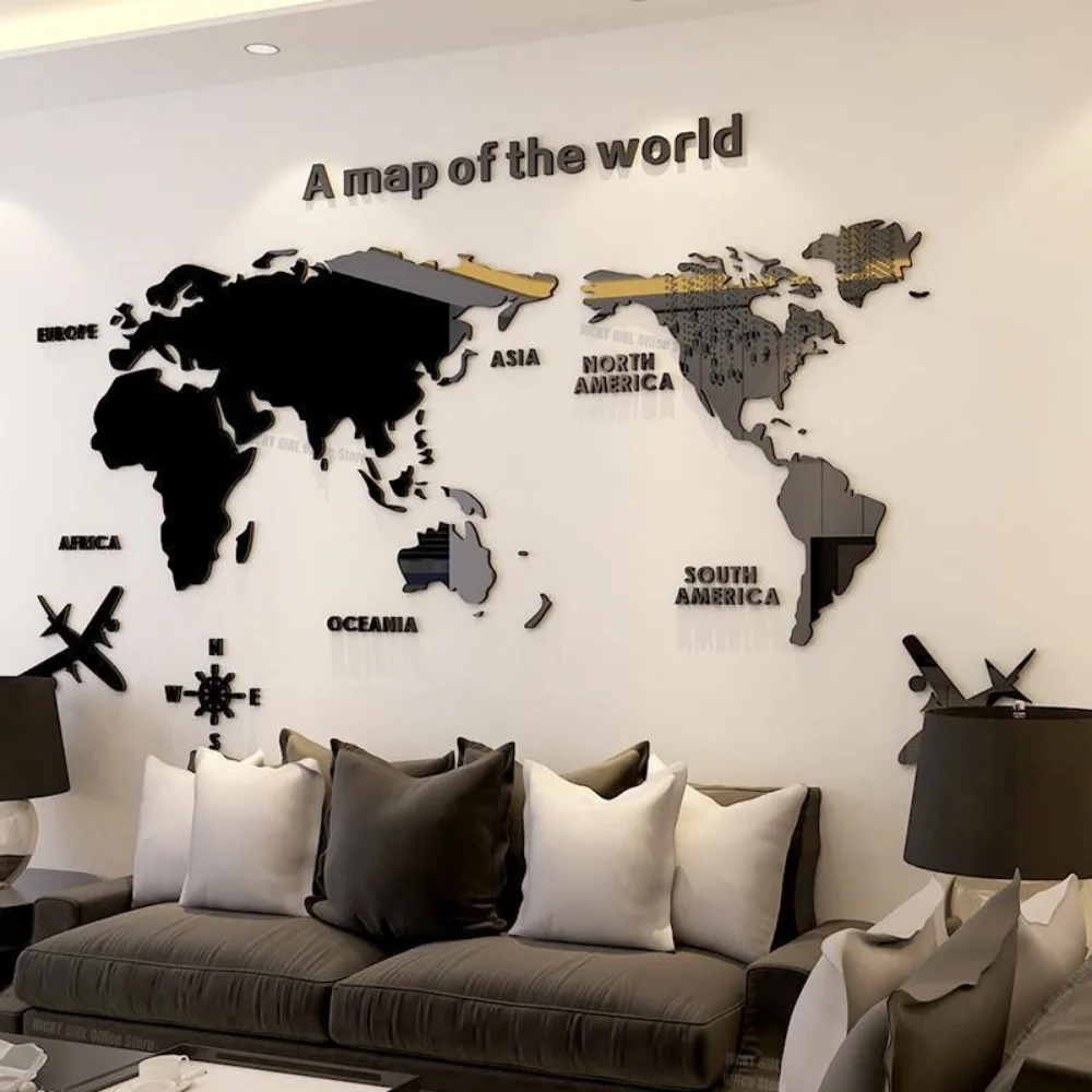 

3D World Map Acrylic Mirror Wall Sticker Creative DIY Decals Suitable For Living Room Office Background Decorative Accessories