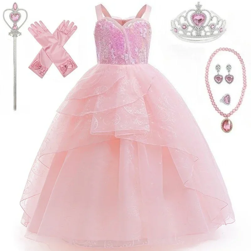

Girls Glinda Cosplay Pink Witch Dress for Girls Wicked Costume Kids Birthday Party Gown Halloween Performance Evening Dress