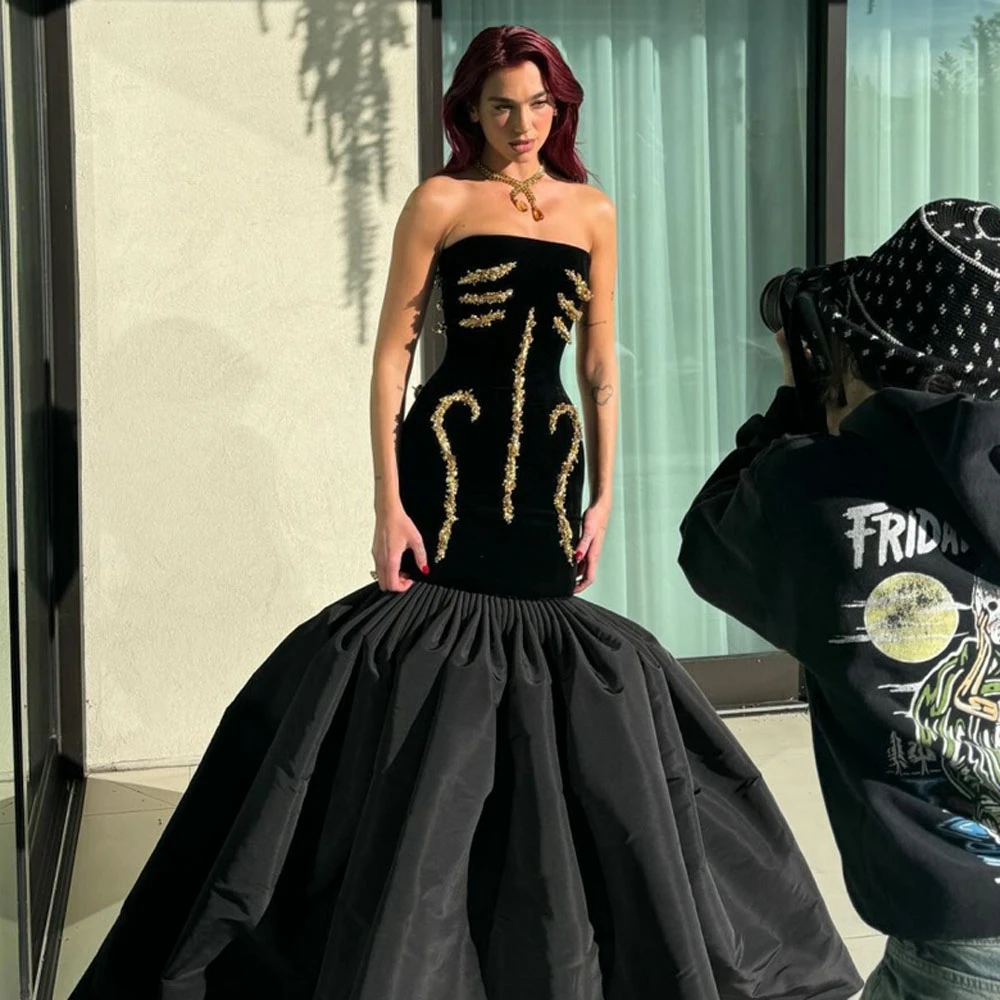 Strapless Black Velvet Evening Dress With Train Satin Mermaid Dresses Sleeveless Woman Clothes Plus Size Open Back With Lace up