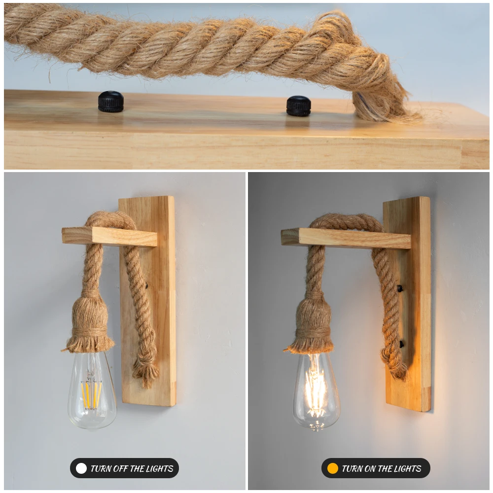 Retor Hemp Rope Wood Wall Sconce Lamps 110V 220V Modern Bedside Wall Light Fixtures Indoor Bathroom Room For Home Decor Lighting