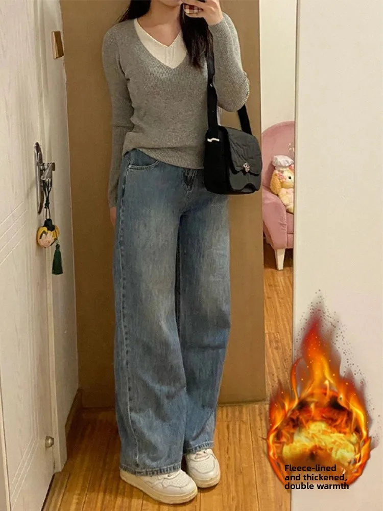 

Retro Fleece Wide Leg Jeans Women's Pear Shape plus Size High Waist Slimming Loose Straight Floor-Length Pants Casual Style