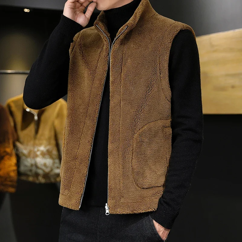 Winter Lamb Wool Vests Men Warm Coat Fashion Casual Thick Stand Collar Sleeveless Jacket Can Be Worn on Both Sides Waistcoat Man