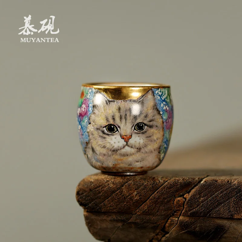 

Чашка для чая с ручной росписью «Кот удачи» от Му Янь, набор для обжига на дровах «Хэ Ни Чжи Е», мастерская работа с кракелюрной глазурью, одиночная чашка-пиала