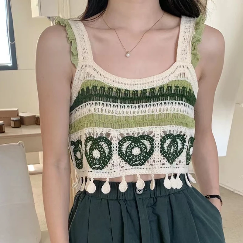 

Кроп-Топ женский с бахромой, вязаный Топ без рукавов, с глубоким круглым вырезом, майка, жилет, летняя хлопковая одежда