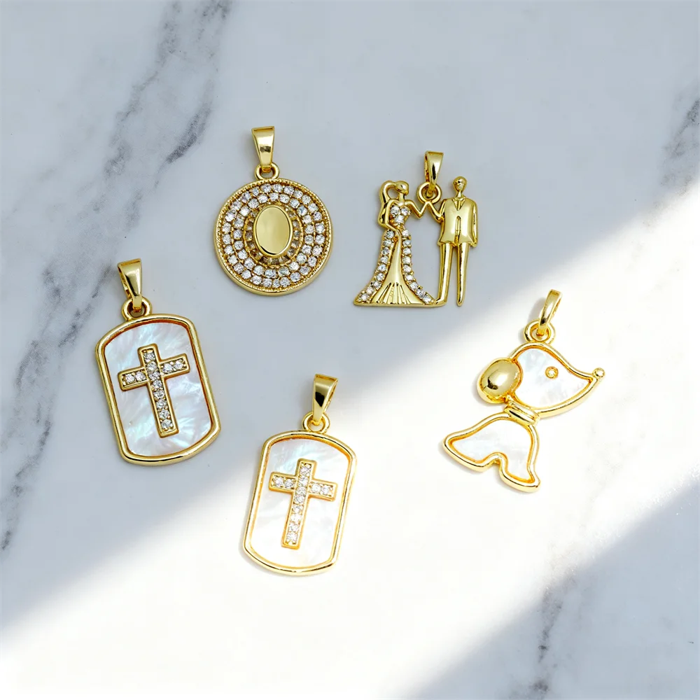 

4 Pcs Pendants Brass Charms CZ Shell Round Dog Cross Wedding Fashion Gold Charms for Women Men Diy Jewelry Making Accessories