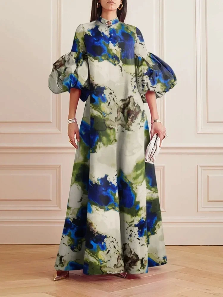 

2024 New Summer Female Vintage Printed Elegant Party Evening Maxi Dresses Stand Collar Single-breasted Thin Outerwears