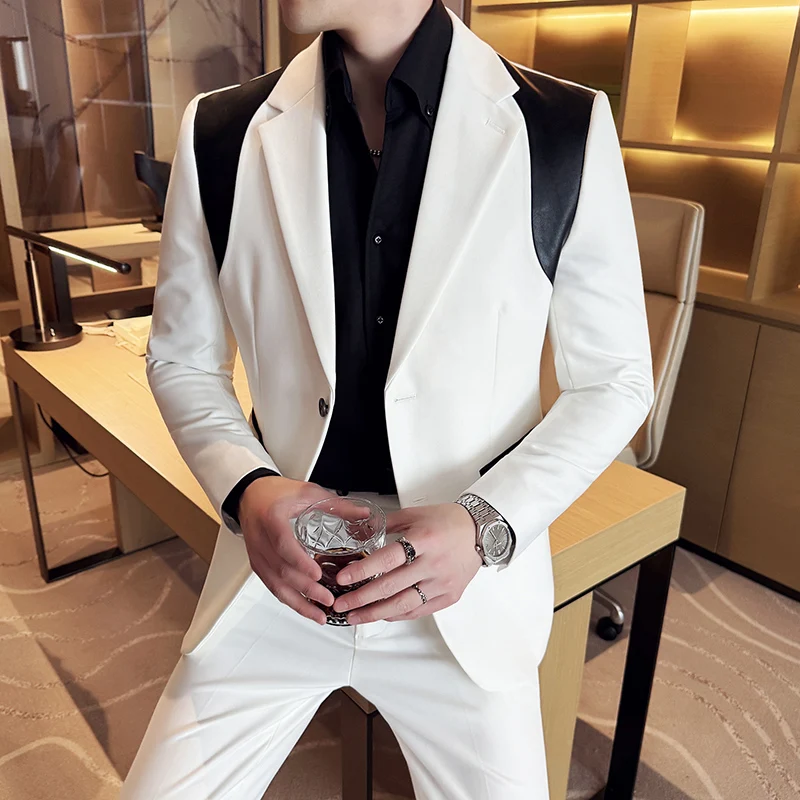 2 Piece Wedding Suit Set PU Splicing Casual Business Formal Suit Jacket Trousers Office Work Party Prom Groom Dress Suits 2025