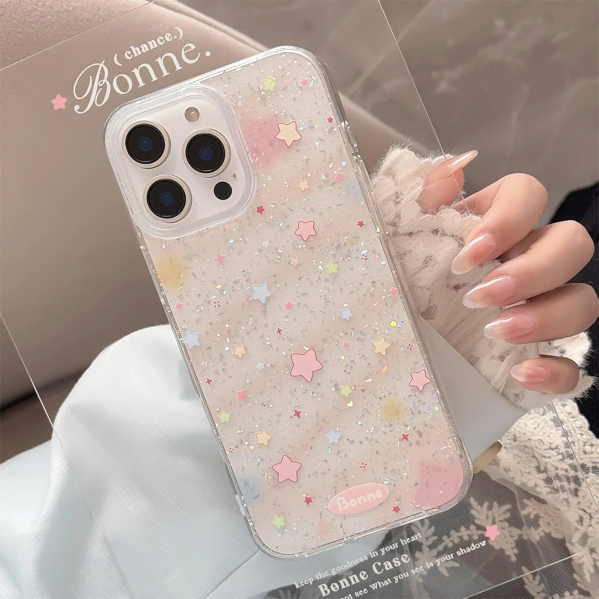Coque de téléphone coréenne à paillettes colorées, plein écran, étoile, pour iPhone 16 15 14 13 12 11 Pro Max Xsmax, coque arrière de protection transparente