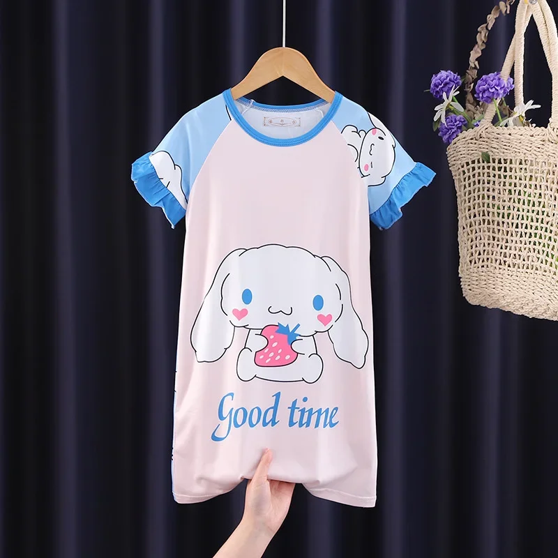 

Sanrio Nightgowns Kawaii Cartoon Cinnamoroll Short Sleeved Pajama Skirt Kuromi Sleepwear Home Soft Comfortable Girl Pajamas Gift