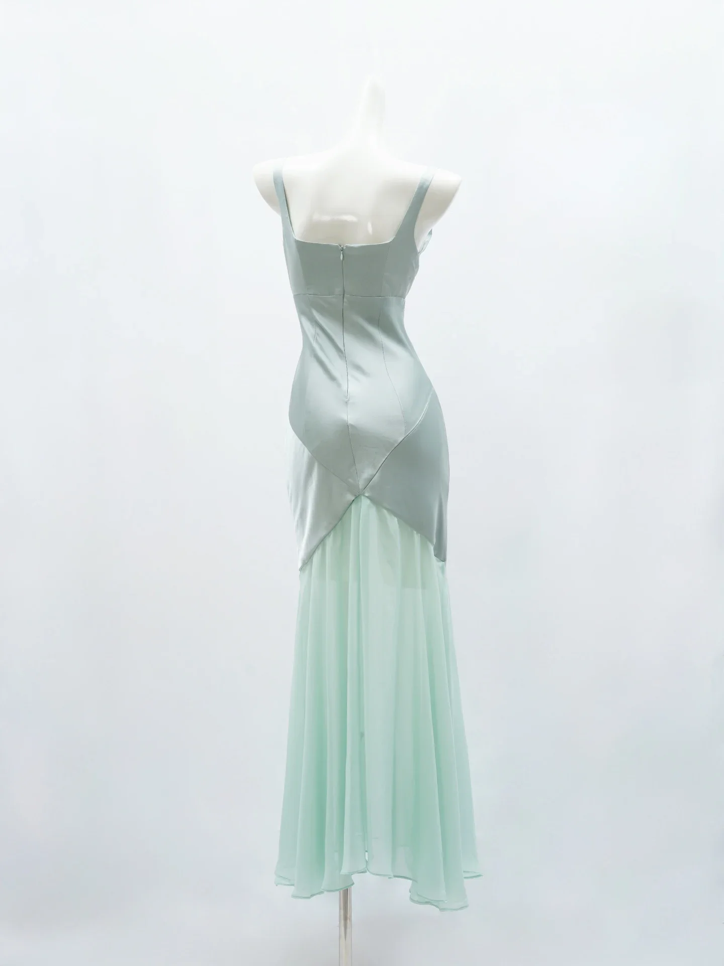 Frauen Satin Chiffon Patchwork Maxi Kleid Quadrat Kragen Ärmellose Elegante Damen Robe