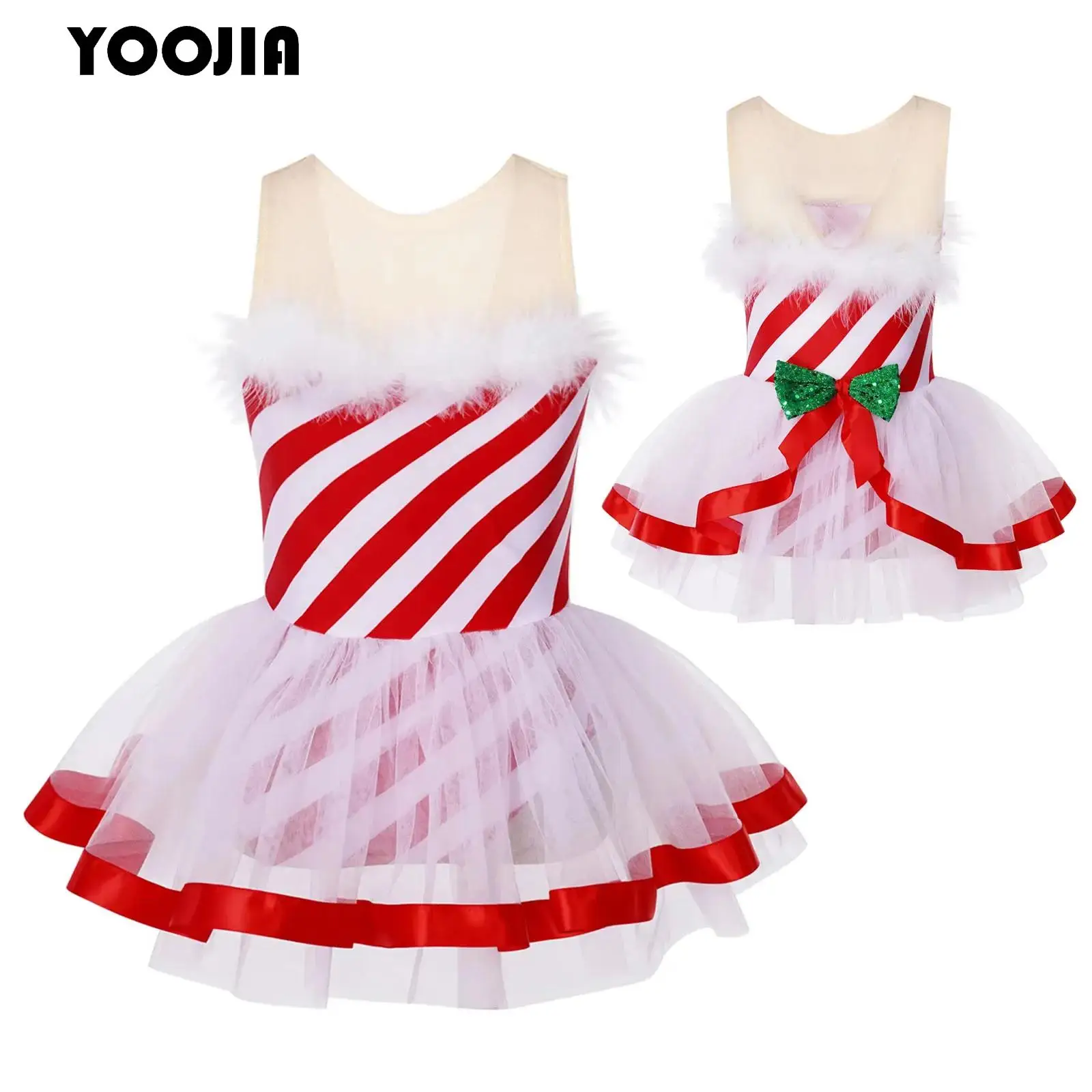 Girls Candy Cane Dance Dress Christmas Striped Sequins Ballet Tutu Bowknot Adorned Figure Skating Leotard Dress Dancewear