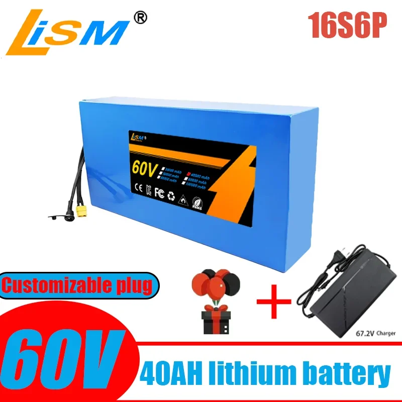 New Full Capacity Power 18650 Lithium Battery 60V40Ah Lithium Battery Pack 16S6P Suitable for 250-2000W+Lithium Battery Charger