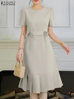 ZANZEA-vestidos de fiesta para mujer, vestido veraniego coreano de manga corta hasta la rodilla, moda 2021, bata elegante plisada de Color sólido para oficina