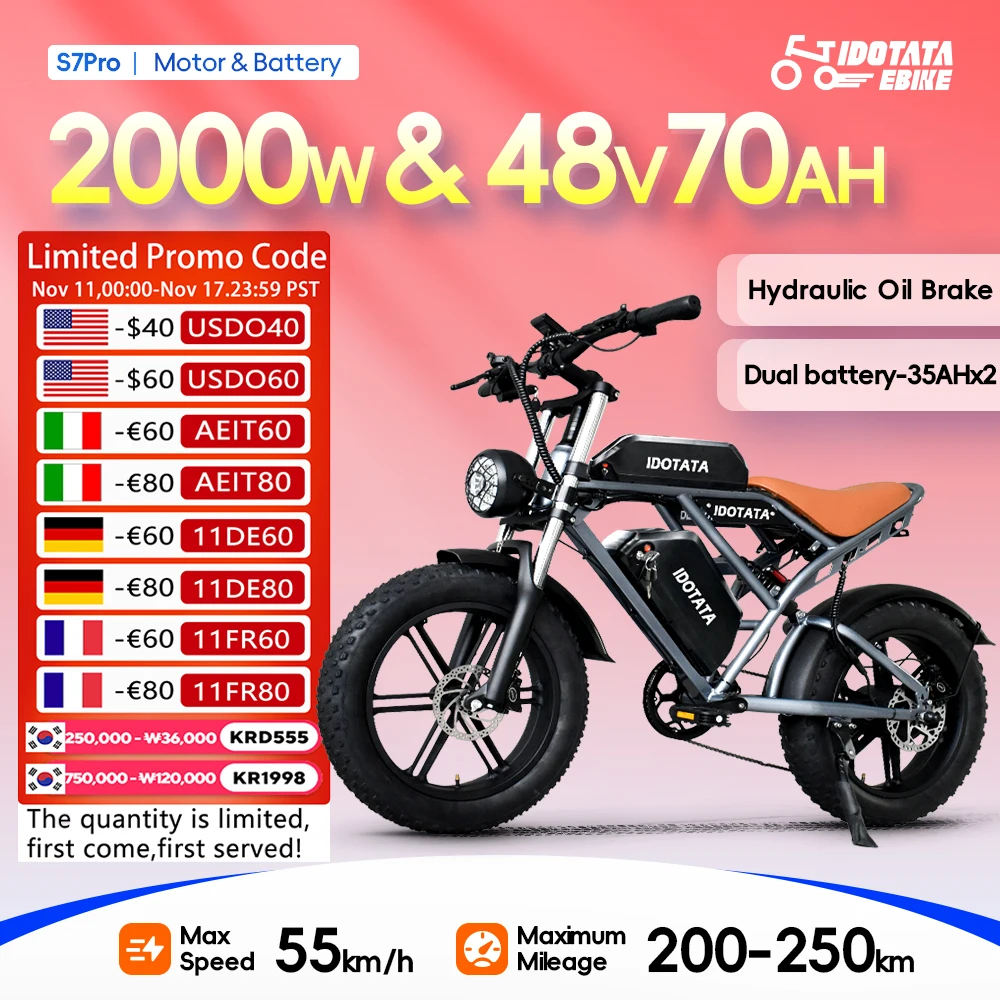 IDOTATA-S7 Elektro fahrrad für Erwachsene, Doppel batterie, 48V, 70Ah, 20 Zoll, 4,0 Fett reifen, Snow Mountain E-Bike, 2000W Elektro fahrrad