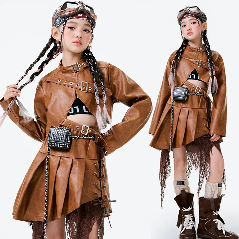 

Jazz Dance Costume Girl Group Kpop Stage Outfit Runway Show Performance Wear Brown Top Skirt Set Kid Fashion Streetwear AMY3075