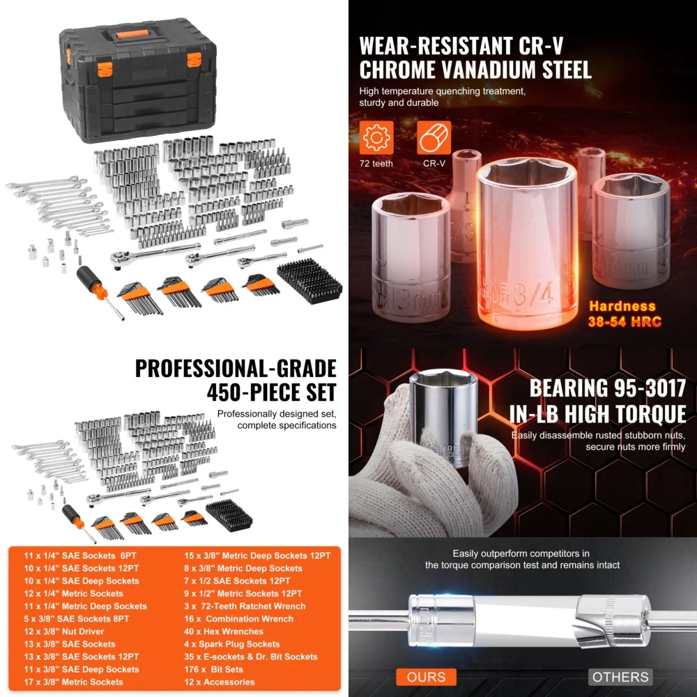 

Наборы ручных инструментов, 450 шт., полный набор инструментов для механики и головок с 1 приводной головкой 4 дюйма, 3, 8 дюйма, 1 2 дюйма, профессиональный класс