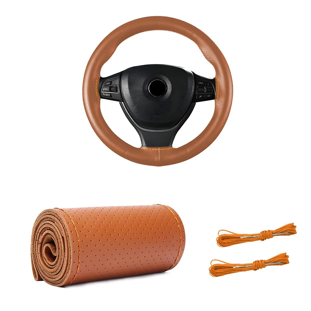 

Universal Leather Car Steering Wheel Stitch On Wrap Cover Fit for 38cm 14" DIY Sewing Breathable and Anti Slip Black Grey Beige