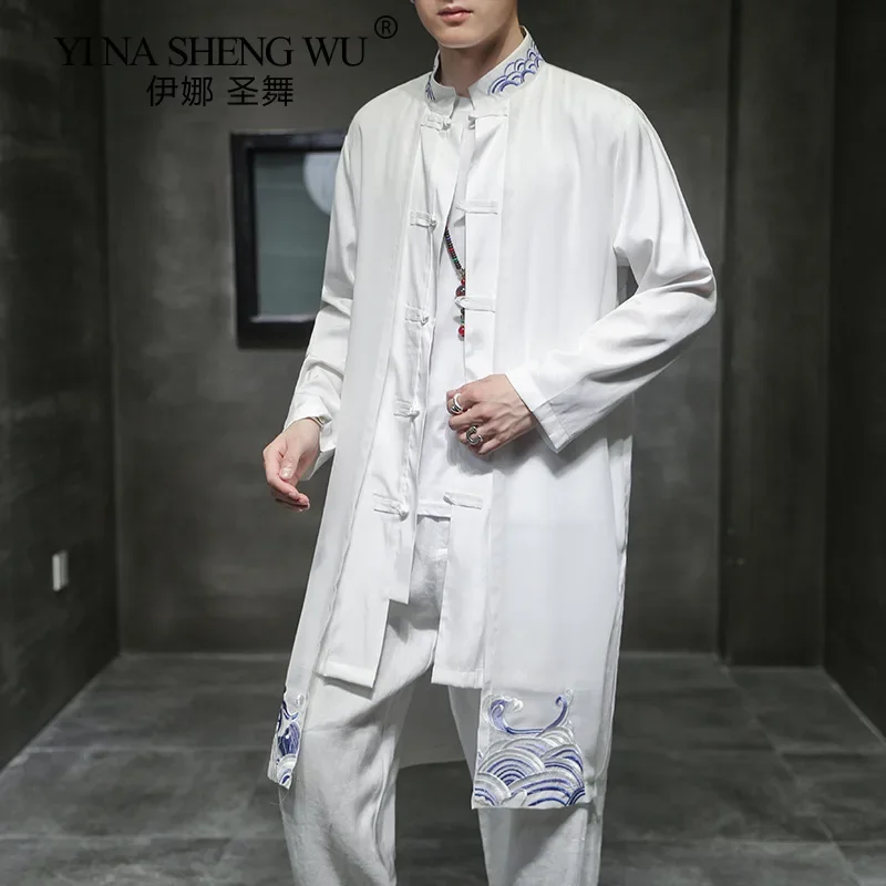 

Black or White Medium Length Cape Jacket 2021 Autumn Chinese Style Cotton Hemp Casual Embroidery Stand Collar Buckle Hanbok Male