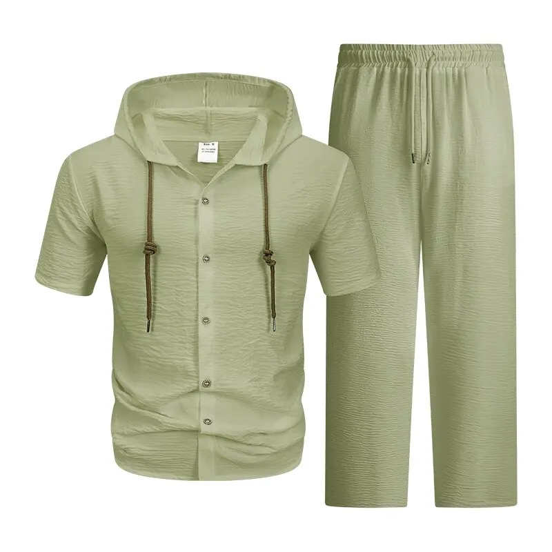 New Summer Fashion Trendy Solid Color Comfortable Breathable Beach Hooded Shirt Set Men's Casual Loose Sports Two-Piece Set view 5