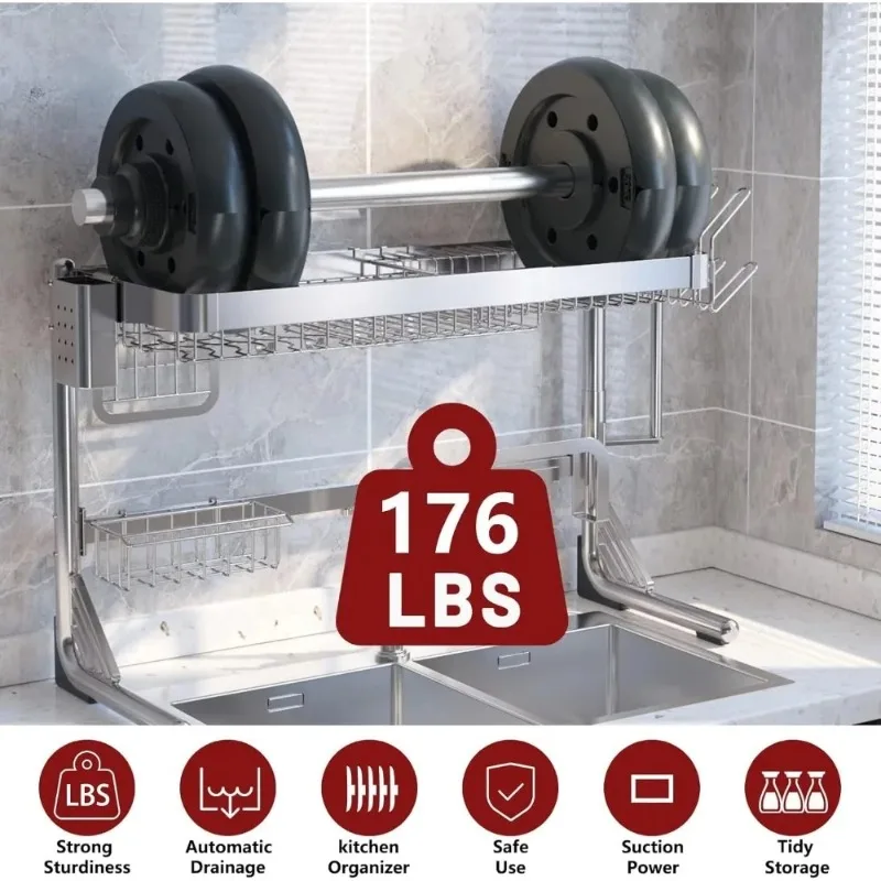 

2 Tier Full Stainless Steel Storage Adjustable Length (25.98'' to 36.61'') Kitchen Over Sink Dish Drainer Drying Rack,