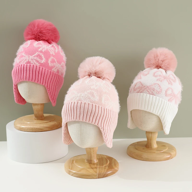 Children Girl Pink Bow Plsuh Beanies Winter Warm Baby Ear Protection Hat Velvet Lining Earmuffs Cap 1-5year Kids Woolen Knit Hat