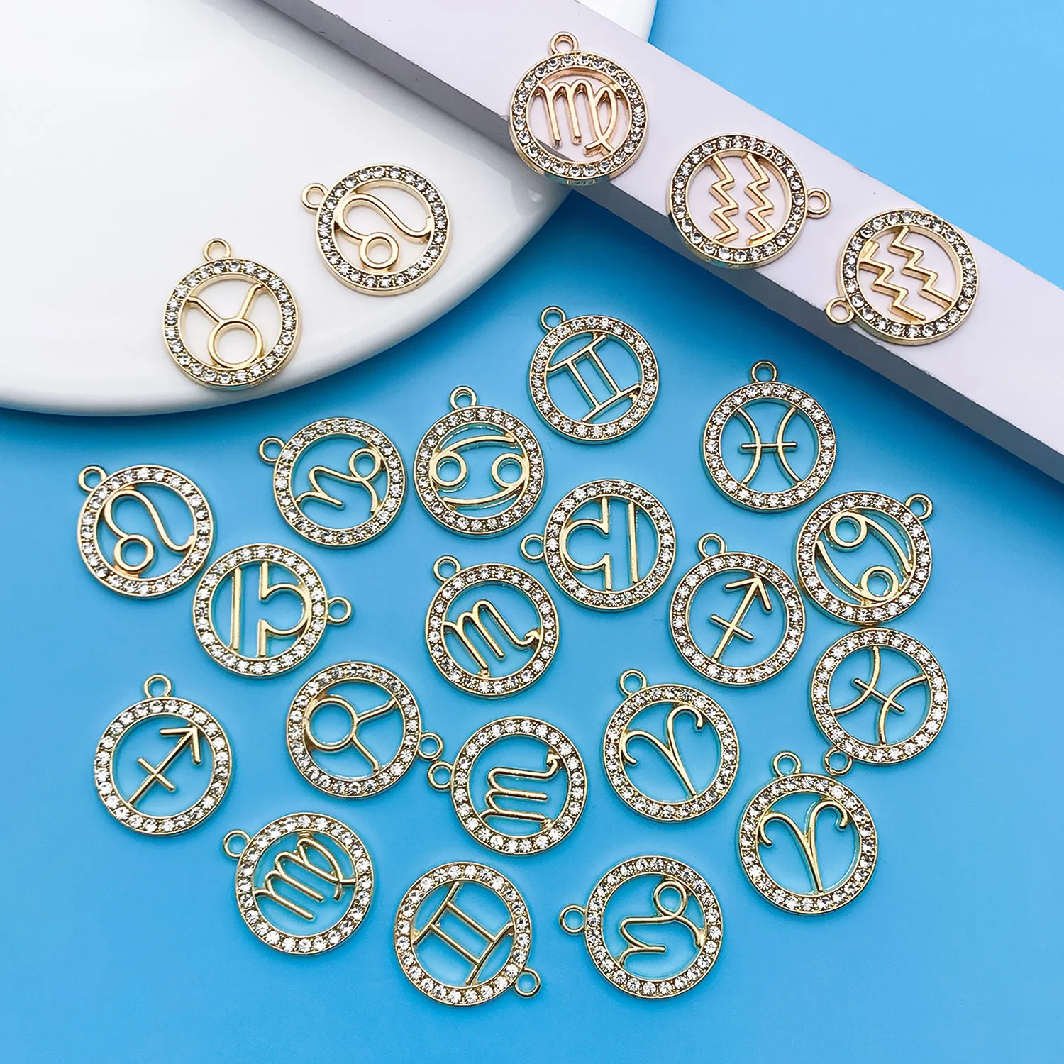 24pcs/lot Alloy 12 Constellation Charm Golden Inlaid Rhinestone Zodiac Pendant For DIY Jewelry Making Crafting Accessory