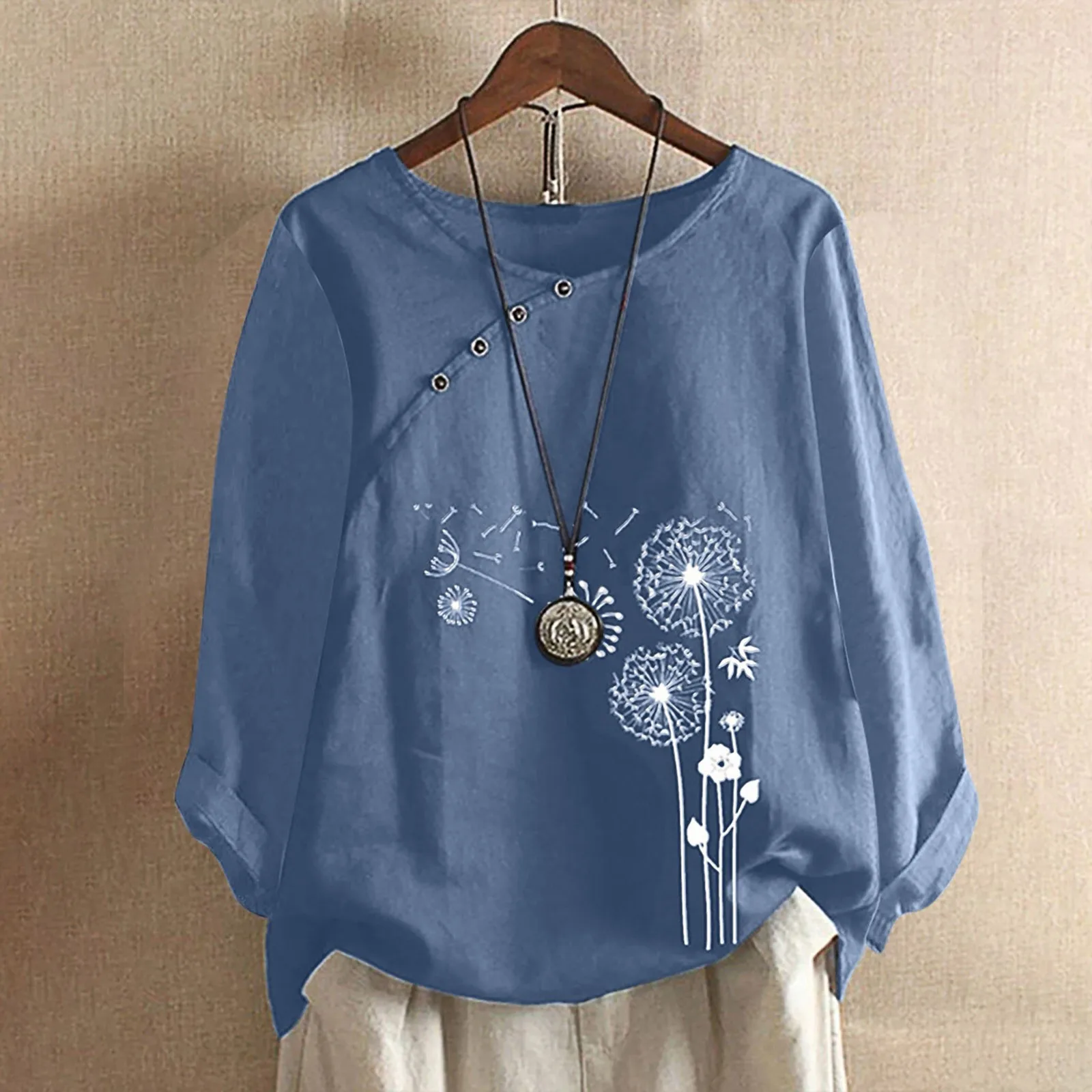 

Summer And Autumn Women's Retro Long Sleeved Loose Casual T-shirt Elegant Women's Printed Round Neck Button Fashion Shirt S-4XL