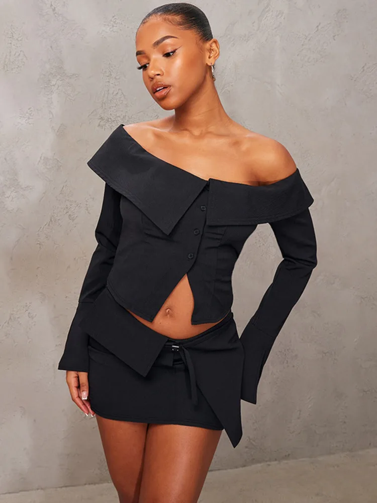 Mozision Sexy Two Piece Sets Women Off-shoulder Long Sleeve T-shirt And Mini Skirt Matching Sets Backless Sexy 2 Piece Sets