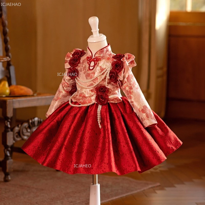 2026 Girls Chinese New Year Party Dress Children Tang Suit Princess Gown for Kids Performance Formal Vestido Birthday Host Piano